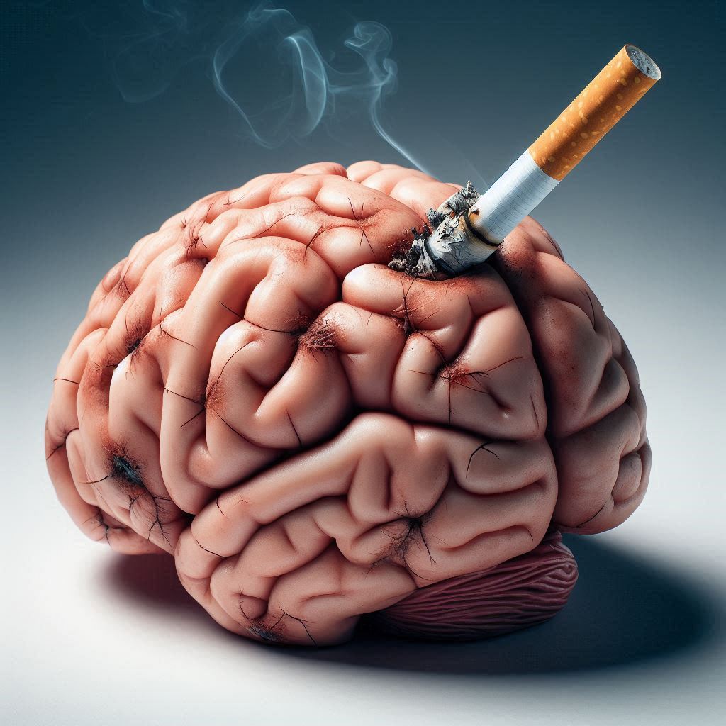 un cerveau avec des cicatrices et une cigarette écrasée dessus